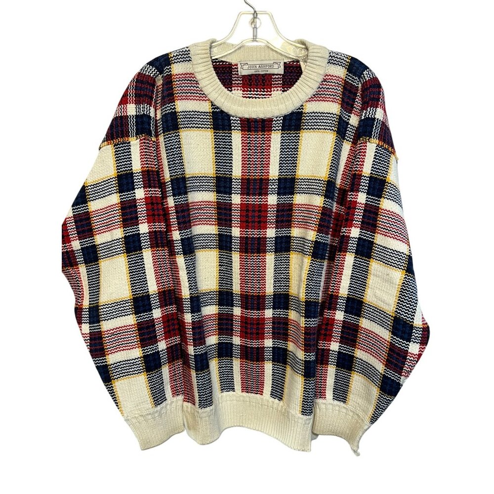 VTG John Ashford Plaid Sweater Men L Cotton Golf 80's Checkered  Crew Y2K flaw